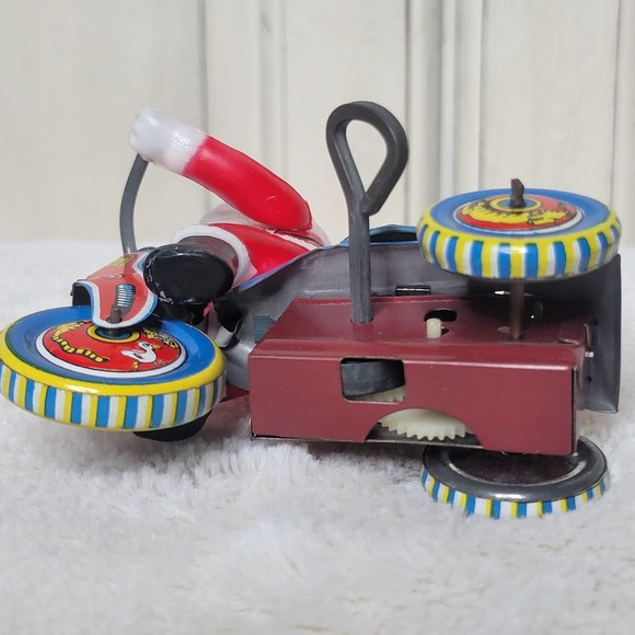 VTG Japan Mechanical WindUp Tin Celluloid Bell Toy Santa Bike Tricycle✨️WORKS - Picture 8 of 13